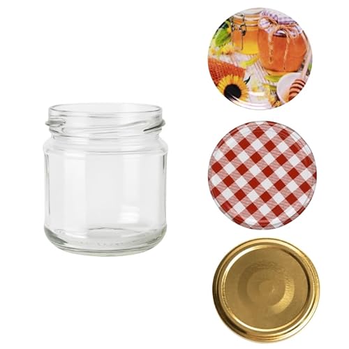 made in home - Sturzgläser Mini Gläser 210 ml Gold Rundgläser Marmeladengläser Einweckgläser Senf, Honig, Gläser, Einmachgläser, Portionsgläser mit Deckel (30, Rotes Gitter, 210ml) von made in home