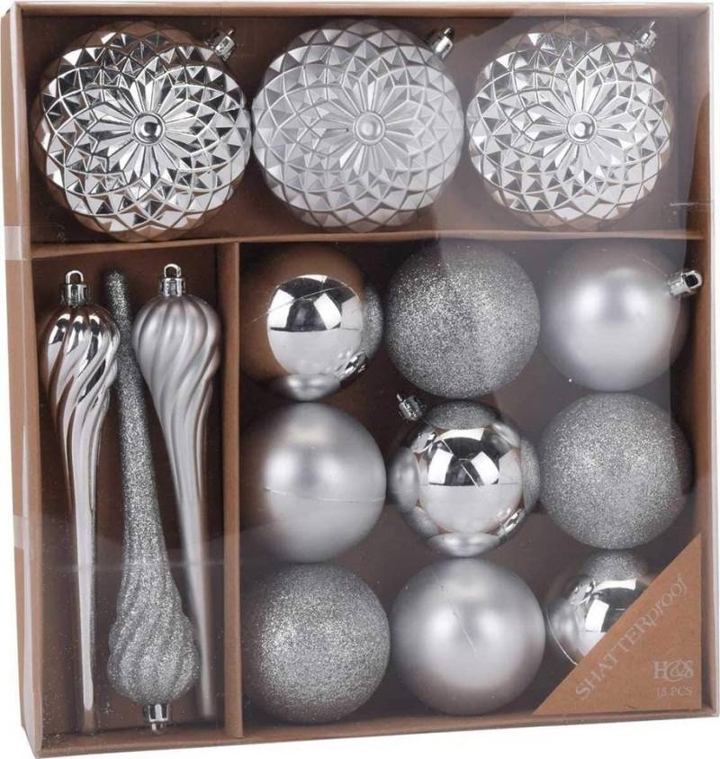 made2trade Christbaumschmuck Silber (15-tlg), verschiedene Formen von made2trade