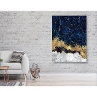 Blau, Gold, Weiße Marmor Leinwand, Vergoldete Meereswelle, Luxus Wandkunst, Abstrakte Wanddeko, Blau Abstrakt, Moderne Kunst, Übergroßes Leinwandbild von madebysrk