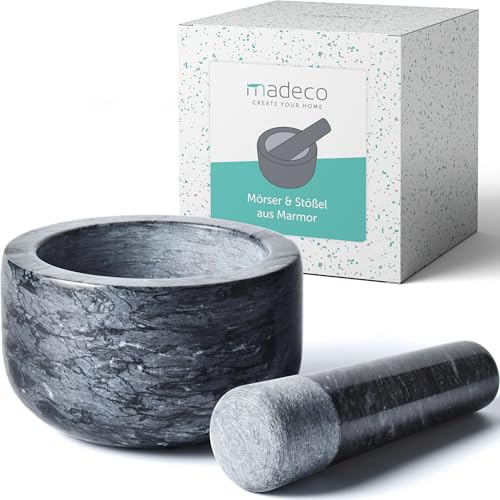 madeco Mörser mit Stößel Marmor Ø 14 cm - Perfekt geeignet für Gewürze, Kräuter & Nüsse - Steinmörser Set mit praktischem Antirutsch-Pad - Design Marmor Mörser & Stößel groß von madeco