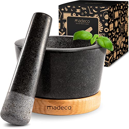 madeco Mörser mit Stößel Granit auf Holzsockel Eiche Ø 14,5 cm - Perfekt geeignet für Gewürze, Kräuter & Nüsse - Steinmörser Set - Design Granit Mörser & Stößel groß von madeco