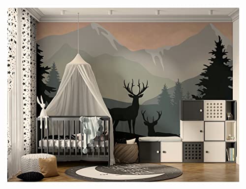 Fototapete für Kinder, Nordic Bergen Berge Gebirge, Wald, Waldwelt, Hirsch Landschaft Vlies-Tapete Kinderzimmer Vliestapete Kinder Fototapete Kinderzimmer FG35 (375 cm x 250 cm) von madras24