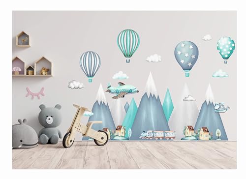 Wandtattoo kinderzimmer berge Nordic Bergen Aufkleber Wandaufkleber Kind Baby Kindergarten Zimmer Gebirge luftballons Ballons Ballon Wolken Wolke Landschaft Wanddeko Baby Kinder Flugzeug XXL von madras24