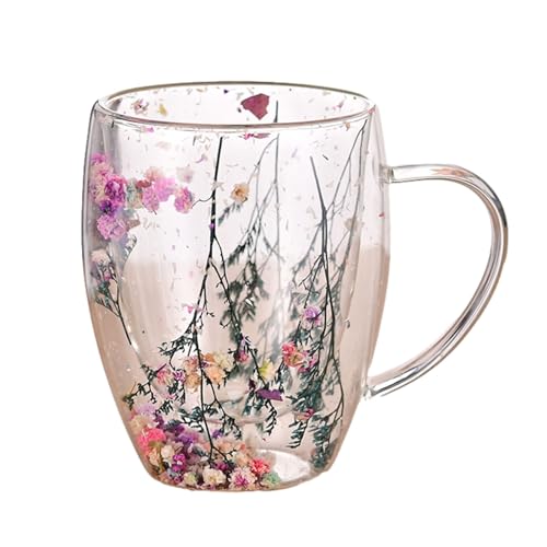 Doppelwandige Glastassen, doppelschichtige transparente getrocknete Blumentassen, 350 ml, isolierte Kaffeetasse mit Griff, Kaffeetassen aus Glas mit Griff, verbrühungssicherer Griff von madri