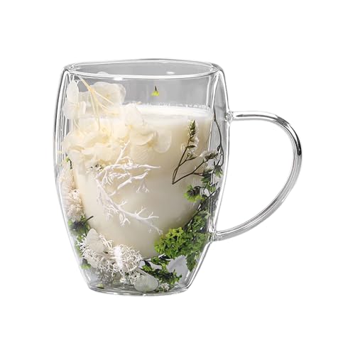 Kaffeetassen aus Glas, doppelwandig, isoliert, getrocknete Blumen, mit Griff, doppelschichtige transparente getrocknete Blumentassen, 350 ml, ästhetische Kaffeetasse, hitzebeständig von madri
