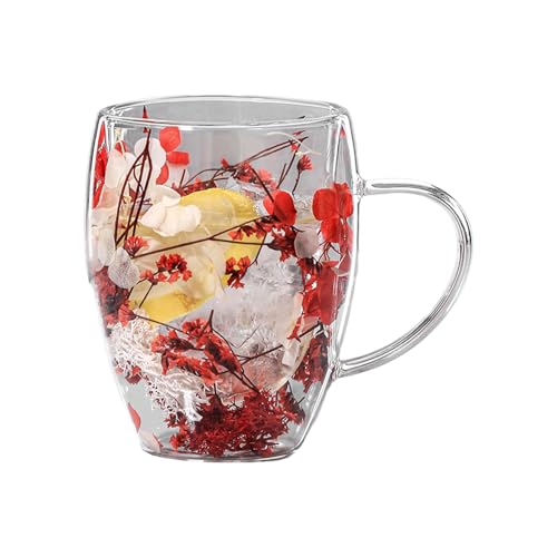 Kaffeetassen aus Glas, doppelwandig, isoliert, getrocknete Blumen, mit Griff, doppelschichtige transparente getrocknete Blumentassen, 350 ml, ästhetische Kaffeetasse, hitzebeständig von madri