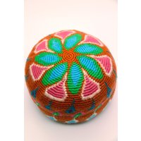 Yoga Kissen Meditationskissen Boden - Sitzkissen Cushion Pouf Handarbeit Tapestry Crochet Leder - Boden Häkel - Kunst 28cm von maedeldeluxe