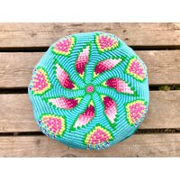 Yoga Kissen Meditationskissen Boden - Sitzkissen Cushion Pouf Handarbeit Tapestry Crochet Leder - Boden Häkel - Kunst 28cm von maedeldeluxe