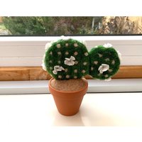 Kaktus in Handarbeit Gefilzt Mit Weißen Blüten, Im Tontopf von mafiz