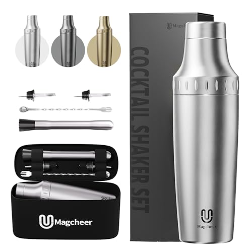 Magcheer Cocktail Shaker Set mit Integrierter Maßskala 900ml Premium Edelstahl Frostsicherer Doppelwand-Barkeeper Set Geschenkset mit Aufbewahrungsbox für Anfänger und Barkeeper(Silber) von magcheer