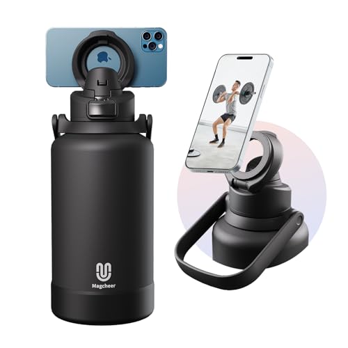Magcheer Magnetisch Edelstahl Trinkflasche 2l Handy Halterung Multifunktionaler Wasserflasche Hält 48 Stunden kalt Auslaufsichere Flasche für Fitness und Outdoorsport(Schwarz) von magcheer