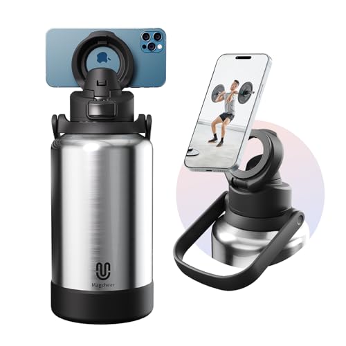 Magcheer Magnetisch Edelstahl Trinkflasche 2l Handy Halterung Multifunktionaler Wasserflasche Hält 48 Stunden kalt Auslaufsichere Flasche für Fitness und Outdoorsport(Silber) von magcheer