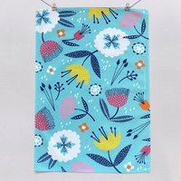Mid Century Illustriertes Geschirrtuch Mit Aquablauem Blumenmuster von maggiemagoodesigns