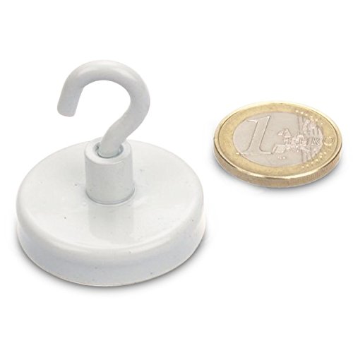 Hakenmagnet Ø 32 mm FERRIT - weiß - hält 8 kg Topfmagnet mit Haken Dekomagnet von magnet-shop