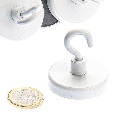 Hakenmagnet Ø 40 mm FERRIT - weiß - hält 12,5 kg Topfmagnet mit Haken Dekomagnet von magnet-shop
