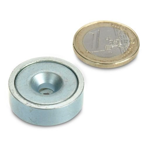 Neodym Flachgreifer Ø 25,0 x 8,0 mm mit Senkung hält 17 kg, Topfmagnet verzinkter Stahltopf, Magnet mit Senkbohrung zum Anschrauben, Werkstattmagnet von magnet-shop