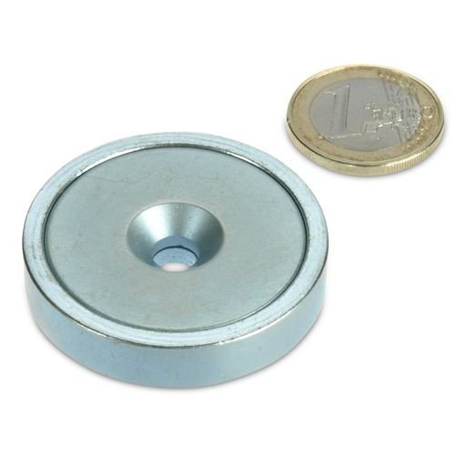 Neodym Flachgreifer Ø 42,0 x 9,0 mm mit Senkung hält 55 kg, Topfmagnet verzinkter Stahltopf, Magnet mit Senkbohrung zum Anschrauben, Werkstattmagnet von magnet-shop