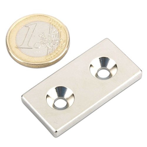 Starker Neodym Quadermagnet 40 x 20 x 4 mm N35 Nickel mit 2 Senklöcher Senkbohrung zum anschrauben schraubbar Haltemagnet Powermagnet Magnet Quader von magnet-shop