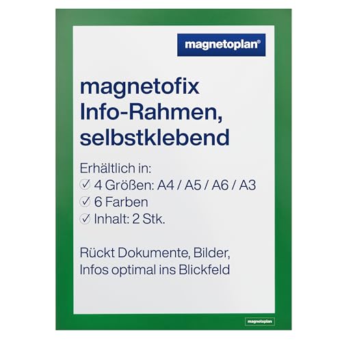 magnetoplan magnetofix Info-Rahmen 2 Stück, Grün | Format: A4 | Selbstklebender Magnet Bilderrahmen für Aushänge, Bilder und Dokumente von magnetoplan