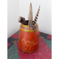 Antike Indien Holz Vase Vogel Dekor von magpiesvintageflea
