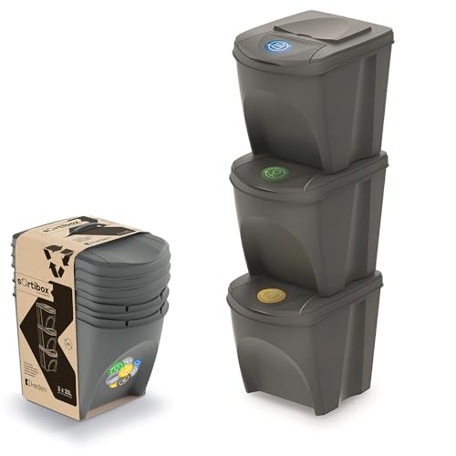 Mülleimer Abfalleimer Mülltrennsystem, Mülltrennsystem 3fach - Hochwertiger Abfallbehälter - Moderner Trash Bin für Effiziente Mülltrennung im Haushalt oder Büro - Robust und Langlebig (Grau, 3x25L) von magubo