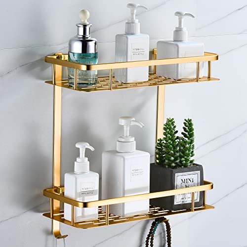 Duschablage ohne Bohren, Quadrat Duschregal Badezimmer Regal für Shampoo und Duschgelhalter Bad Wandregal Organizer Mit 2 Haken (2 Schicht,Champagner Gold) von maifey