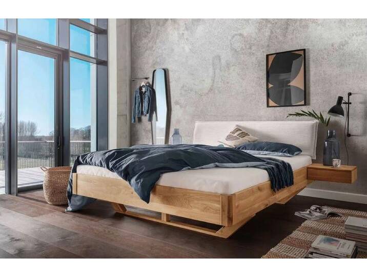 Doppelbett 'Mona IV' 200x200cm Cord beige & Wildeiche geölt von main-möbel