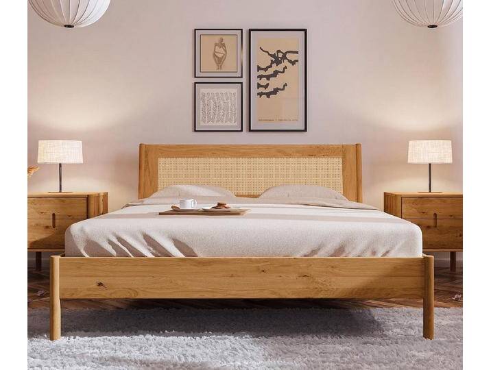 Doppelbett mit Geflechtkopfteil 'Paula' 180x200cm Wildeiche massiv von main-möbel