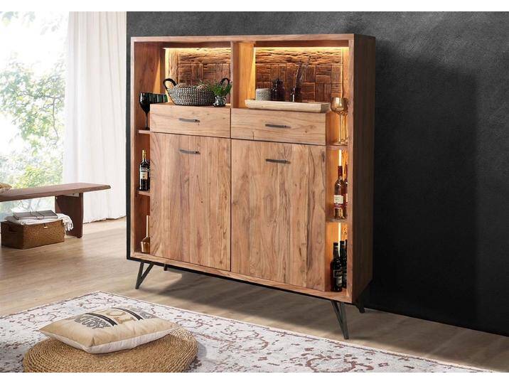 Highboard inkl.Beleuchtung 145x150cm 'Hunter' Akazie massiv von main-möbel
