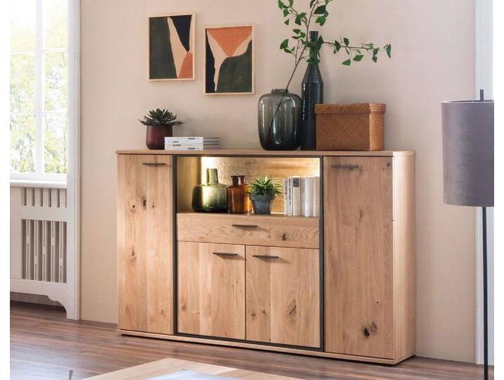 Highboard inkl.Beleuchtung 165x115cm 'Melbourne' Eiche Bianco teilmassiv Highboard inkl.Beleuchtung 165x115cm 'Melbourne' Eiche Bianco teilmassiv von main-möbel