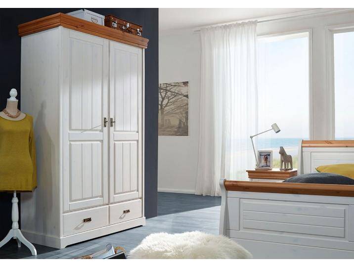 Kleiderschrank 132cm 2-trg 'Mailand-Honig' Kiefer weiß SZ-0132 von main-möbel