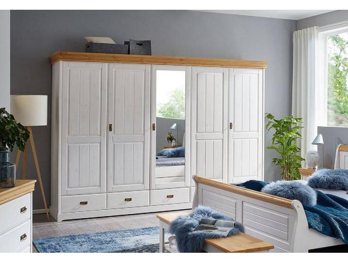 Kleiderschrank 315cm 5-trg. 'Mailand-Honig' Kiefer weiß 1 Spiegel von main-möbel