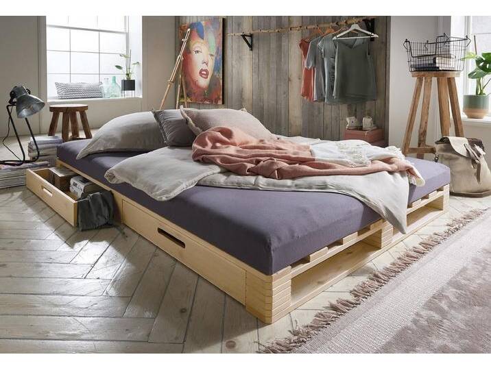 Palettenbett mit Schubkästen 140x200cm 'Finja' Kiefer massiv unbehandelt von main-möbel