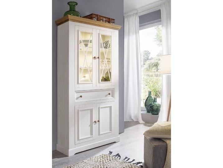 Vitrine 109x214cm 'Zürich' Kiefer massiv weiß WZ-0133 von main-möbel