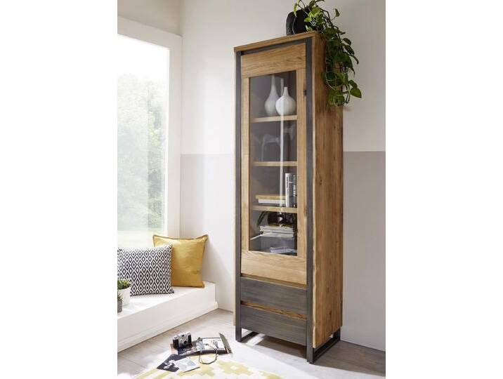 Vitrine 62x204cm 'Taipeh' Eiche & Metall gebürstet von main-möbel