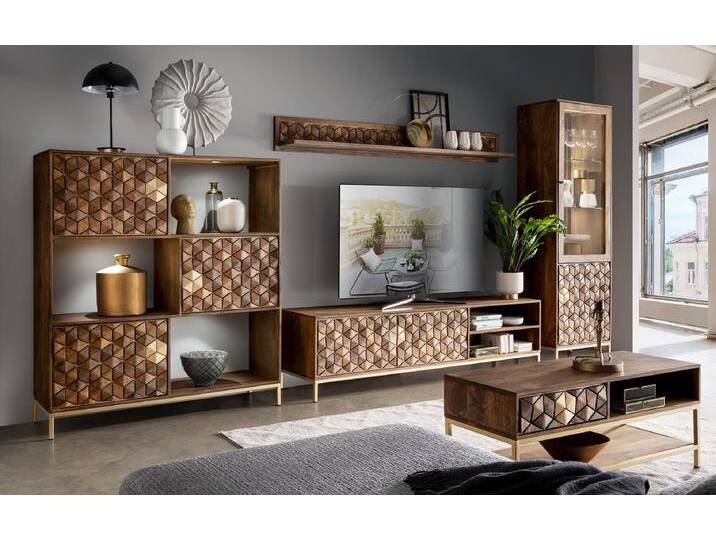 Wohnwand I 'Assuan' Mango & Metall goldfarbig WZ-0462 von main-möbel