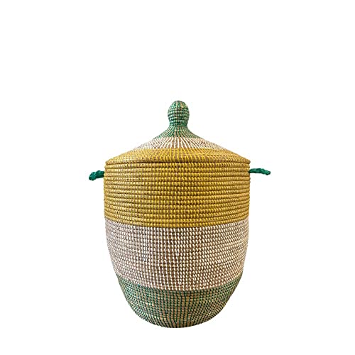 Wäschekorb Afrika - S/M/L/XL/XXL - Das Original aus dem Senegal - Afrikanischer Flechtkorb mit Deckel - Fair Trade Korb - Graskorb - Dekokorb (M, Bold Stripes Grün & Gelb) von maishameanslife