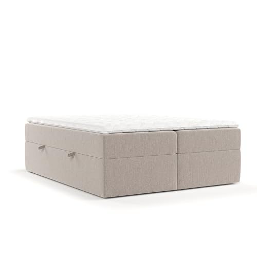 maison de reve - Boxspringbett 140 x 200 cm Yoko, mit Bettkasten, Bett mit H3 Taschenmatratze (20 cm hoch), Polsterbett mit PU-Topper mit Algae Bezug, Boxbetten, Webstoff - Hellbraun von maison de reve