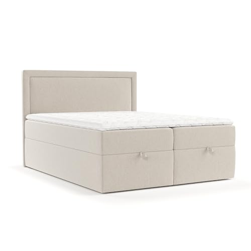 maison de reve - Boxspringbett Pao 160 x 200 cm, mit Bettkasten, H3 Taschenmatratze (20 cm hoch), PU-Topper mit Algae Bezug, Kopfteil, Webstoff, Beige Farbe von maison de reve