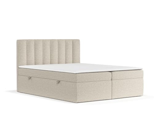 maison de reve - Boxspringbett 180x200 cm NOVENTO, mit Bettkasten, Bett mit H3 Bonellmatratze (18 cm hoch), Polsterbett mit PU-Topper und Kopfteil, Webstoff, Boxbetten, Boxspringbetten - Beige von maison de reve