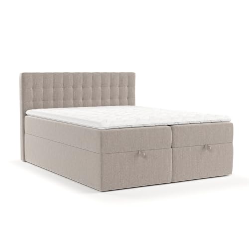 maison de reve - Boxspringbett Ampio 140 x 200 cm, mit Bettkasten, H3 Bonellmatratze (20 cm hoch), PU-Topper mit Algae Bezug und Kopfteil, Webstoff, Hellbraun Farbe von maison de reve