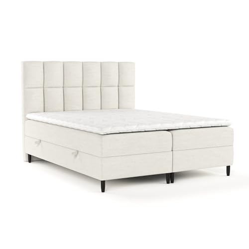 maison de reve - Boxspringbett Anabelle 140 x 200 cm, mit Bettkasten, H3 Taschenmatratze (19 cm hoch), PU-Topper mit Algae Bezug und Kopfteil, Webstoff, Creme Farbe von maison de reve