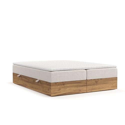 maison de reve - Boxspringbett FARO 180x200 cm, mit Bettkasten, H3 Taschen Matratze (20 cm hoch), PU-Topper mit Algae Bezug, Webstoff, Hellbraun Farbe von maison de reve