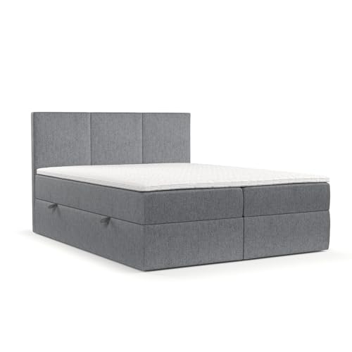 maison de reve - Boxspringbett Jonah mit H3 Bonellmatratze (20 cm hoch) und PU-Topper inklusive, Kopfteil und Zwei Aufbewahrungsbehälter, Webstoff (Grau, 120 x 200 cm) von maison de reve