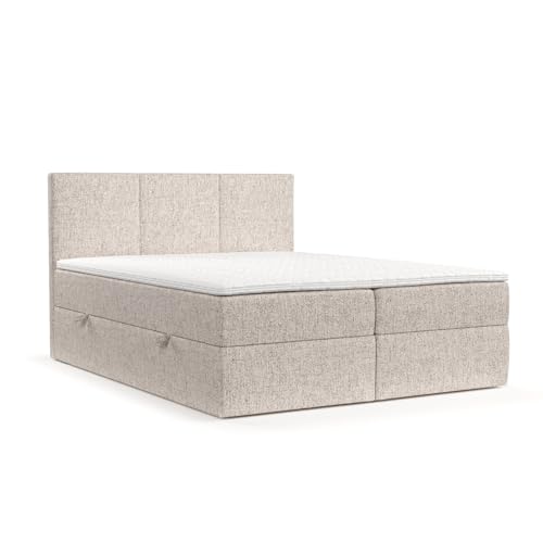maison de reve - Boxspringbett Jonah mit H3 Bonellmatratze (20 cm hoch) und PU-Topper inklusive, Kopfteil und Zwei Aufbewahrungsbehälter, Webstoff (Hellbraun, 180 x 200 cm) von maison de reve