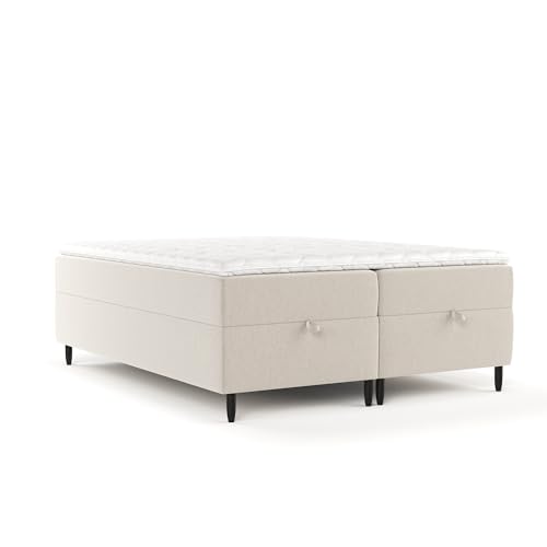 maison de reve - Boxspringbett Kanai 200 x 200 cm, mit Bettkasten, H3 Taschenmatratze (19 cm hoch), PU-Topper mit Algae Bezug, Webstoff, Beige Farbe von maison de reve