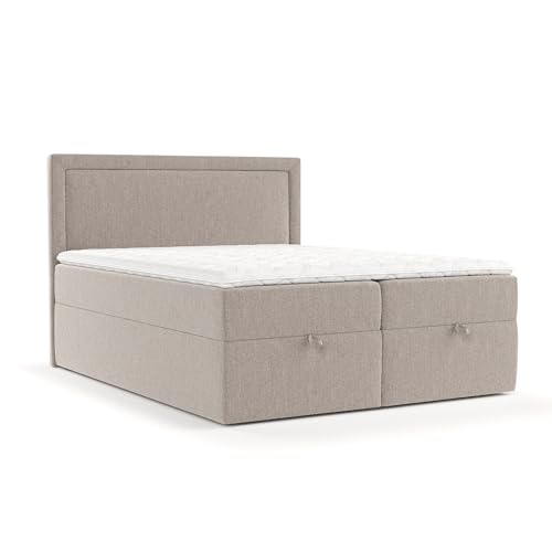 maison de reve - Boxspringbett Pao 160 x 200 cm, mit Bettkasten, H3 Taschenmatratze (20 cm hoch), PU-Topper mit Algae Bezug, Kopfteil, Webstoff, Hellbraun Farbe von maison de reve