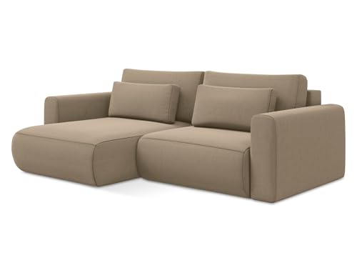 Kapua 2,5-Sitzer Ecksofa mit Schlaffunktion links in Beige - Schlafsofa mit Ottomane und Bettfunktion aus Samt, für Wohnzimmer, Skandinavisch Design, Oeko-Tex 240x149x82 cm, bis 350 kg belastbar von makamii