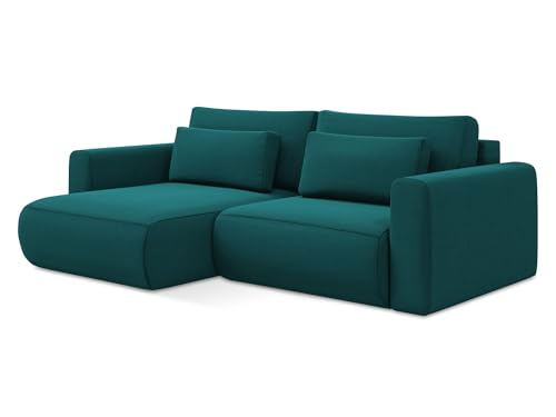 Kapua 2,5-Sitzer Ecksofa mit Schlaffunktion links in Blau - Schlafsofa mit Ottomane und Bettfunktion aus Samt, für Wohnzimmer, Skandinavisch Design, Oeko-Tex 240x149x82 cm, bis 350 kg belastbar von makamii