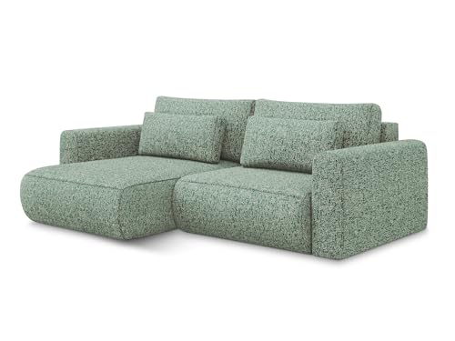 Kapua 2,5-Sitzer Ecksofa mit Schlaffunktion links in Grün - Schlafsofa mit Ottomane und Bettfunktion aus Strukturstoff, für Wohnzimmer, Skandinavisch Design, Oeko-Tex 240x149x82 cm, bis 350 kg von makamii